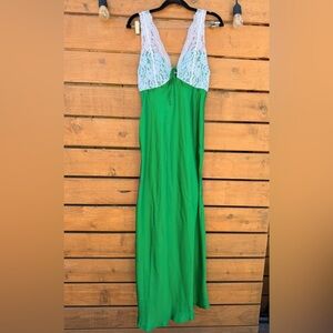 NEW Free People Emerald Green Slip Style Maxi Dress with White Lace Bodice